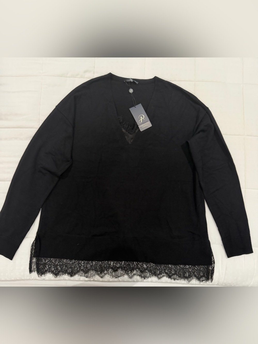 Adrianna Papell Black V-Neck Sweater with Lace Hem